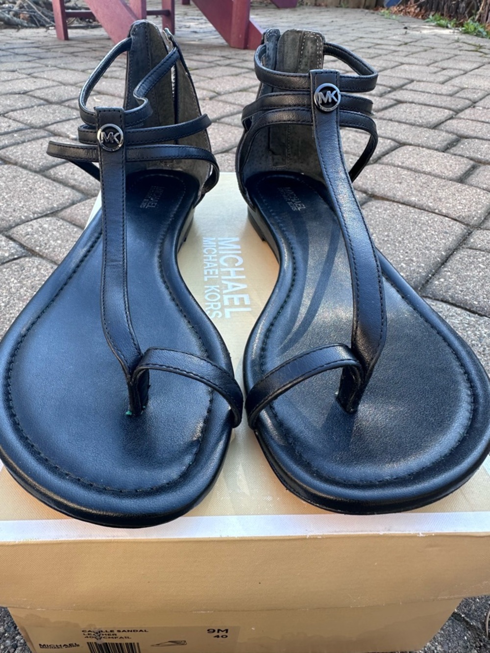 Michael Kors Black T-Strap Leather Sandals with MK Logo